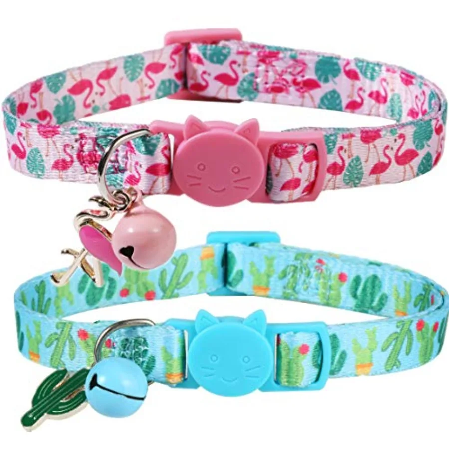 Collar de gato de cactus con campana y dije a juego, paquete de 2 collares de gatito de flamenco separables