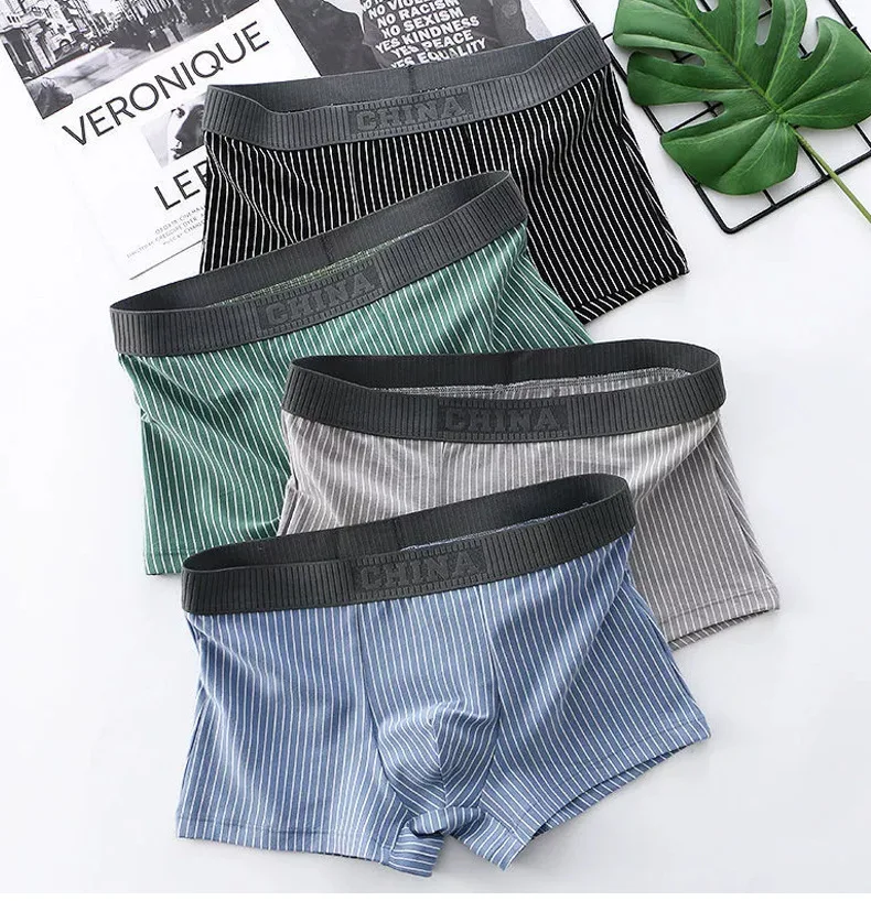 الرجال مخطط الملابس الداخلية القطن الجلد ودية تنفس امتصاص العرق جذوع مريحة منتصف الارتفاع القضيب الحقيبة الرياضة سراويل بوكسر