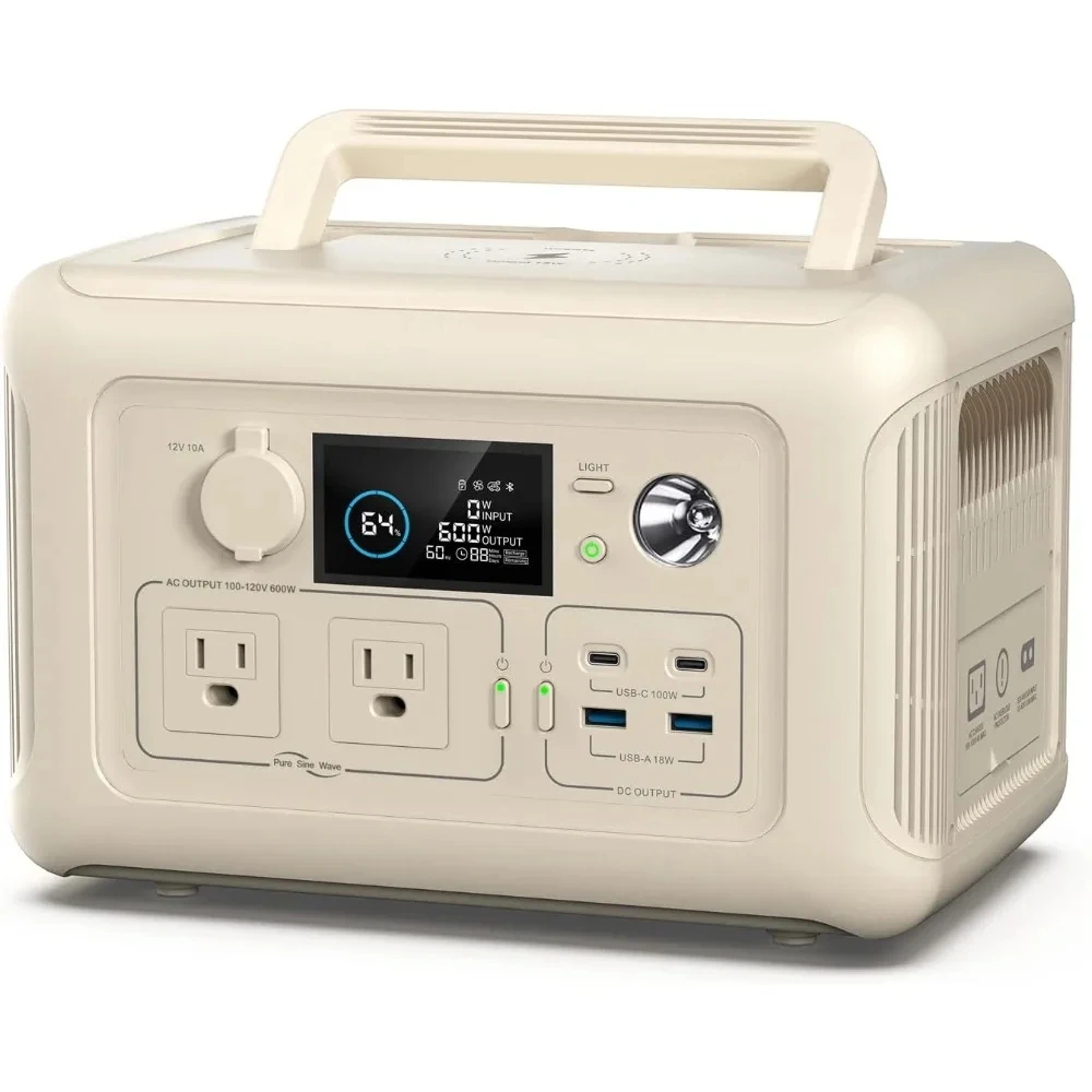 R600 BEIGE 299Wh 600W Portable Power Station, LiFePO4 Battery Backup with UPS Function, 1 Hour to Full 400W Input