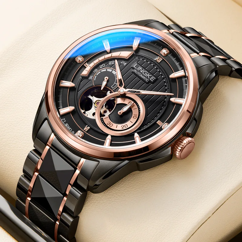 LINGKE nuevo reloj mecánico Tourbillon de lujo de alta gama para hombres relojes de esqueleto automáticos impermeables de acero inoxidable para hombres