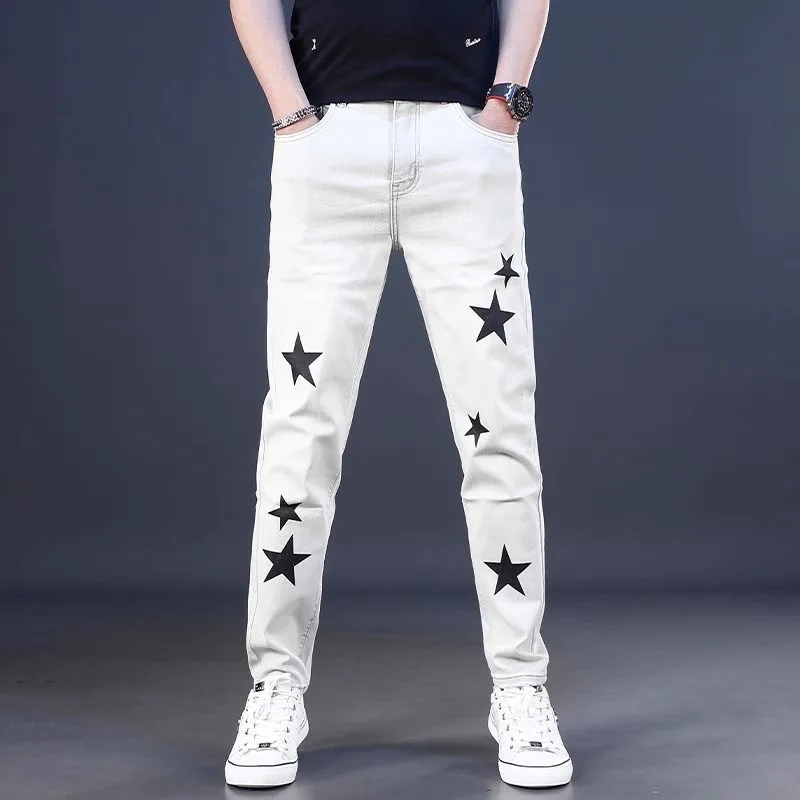 

New Spring/Autumn Classic Fashionable Printed White Straight Leg Stretch Denim Jeans Men's Casual Sports High Quality Jeans