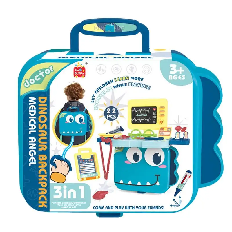 Dinossauro Mochila Medical Toy para Crianças, Doutor Finja Role Play Kit, Simulação Dentista Box, Meninas Educação, 3-em-1