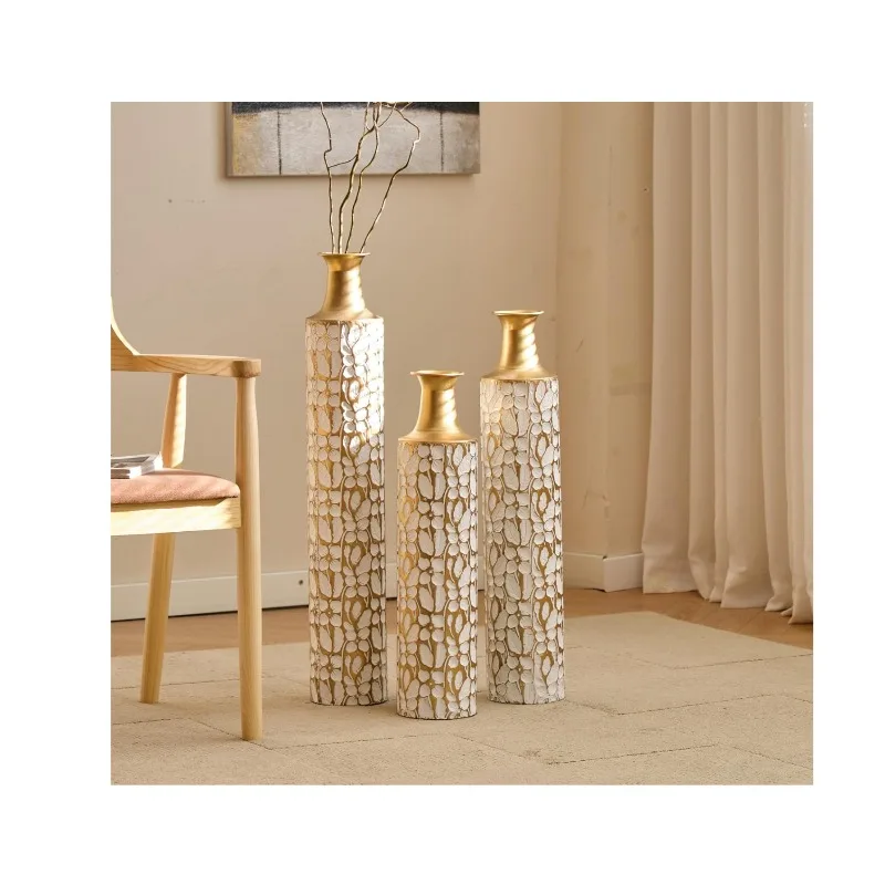 

Unique new metal floor vase High floor vase Gold branch pattern Antique white veneer set 3-piece set Best for decoration