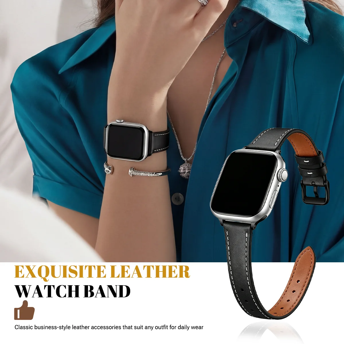 Skórzany pasek do Apple Watch, model „Leather Loop”, dla kobiet, pasuje do modeli Ultra/Series 12/11/10/9/8/7/6/5/4/3/2/1 SE, rozmiary: 38 mm, 40 mm, 41 mm, 42 mm, 44 mm, 45 mm, 46 mm, 49 mm. — zdjęcie produktu 6