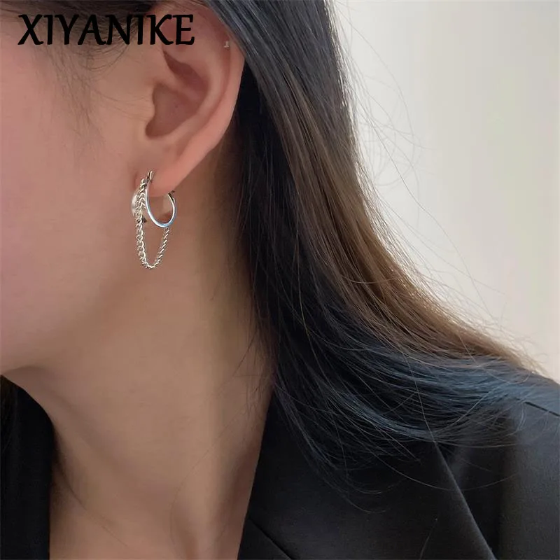 Kolczyki XIYANIKE w stylu vintage, okrągłe, wiszące, z łańcuszkiem, dla kobiet i dziewcząt, koreańska moda, retro biżuteria, prezent na imprezę.