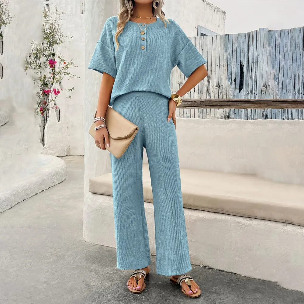 

Spring Summer New Knitted T-shirt Short-sleeved Set 2-piece Women's Fashion Retro Casual Loose Knitted Long Pants Female Suit