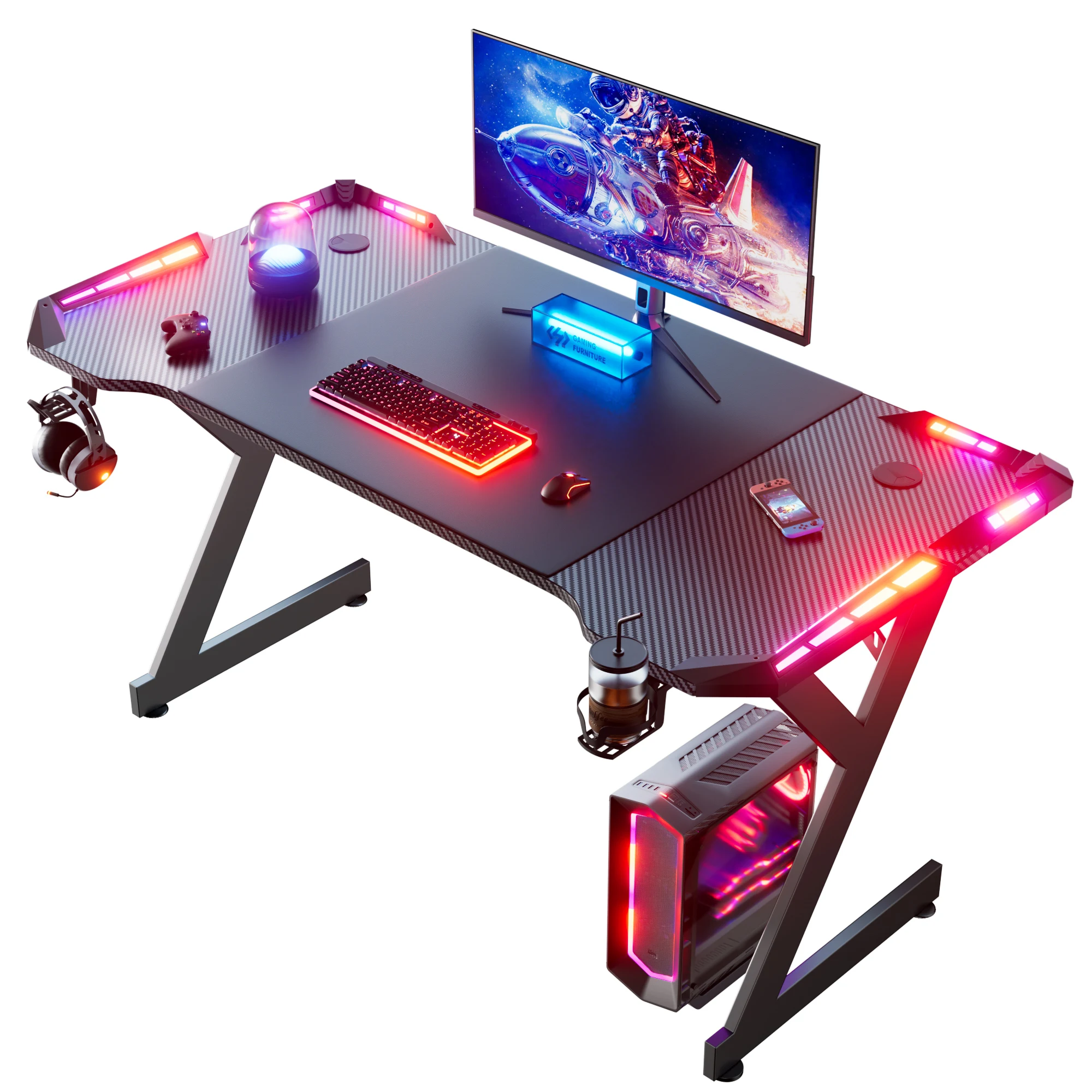 Y-förmiger Gaming-Schreibtisch mit RGB-LED-Beleuchtung, ergonomischer PC-Arbeitsplatz mit Carbonfaser-Oberfläche, Kopfhörerhalterung und Getränkehalter
