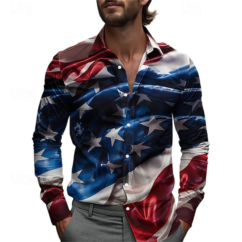 

2026 Мужская рубашка в патриотическом стиле с 3D американским флагом, модная уличная одежда, удобная рубашка свободного кроя, весенне-осеннее издание