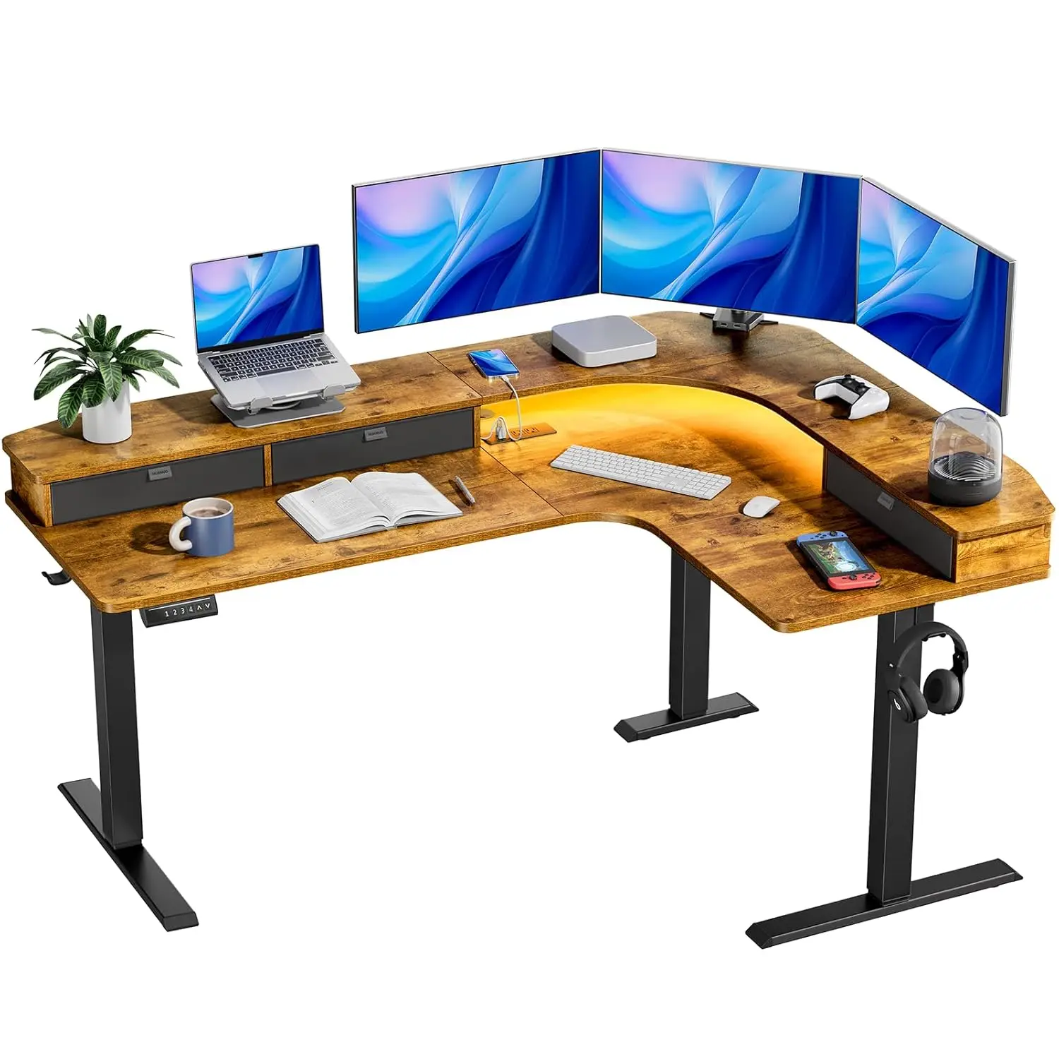 

65″ L-Shaped Standing Desk with Power Outlets & LED Strip, Electric Height Adjustable Corner Computer Desk, Sit, Customized