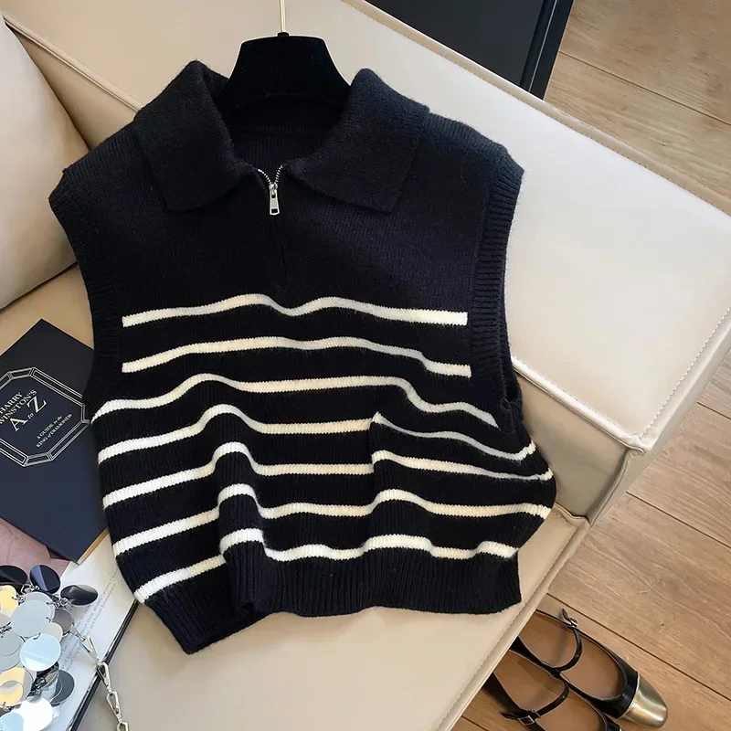 Retro lapel zipper stripe knitted waistcoat women Autumn Winter Korean fashion sleeveless sweaters casual simple pullover vest