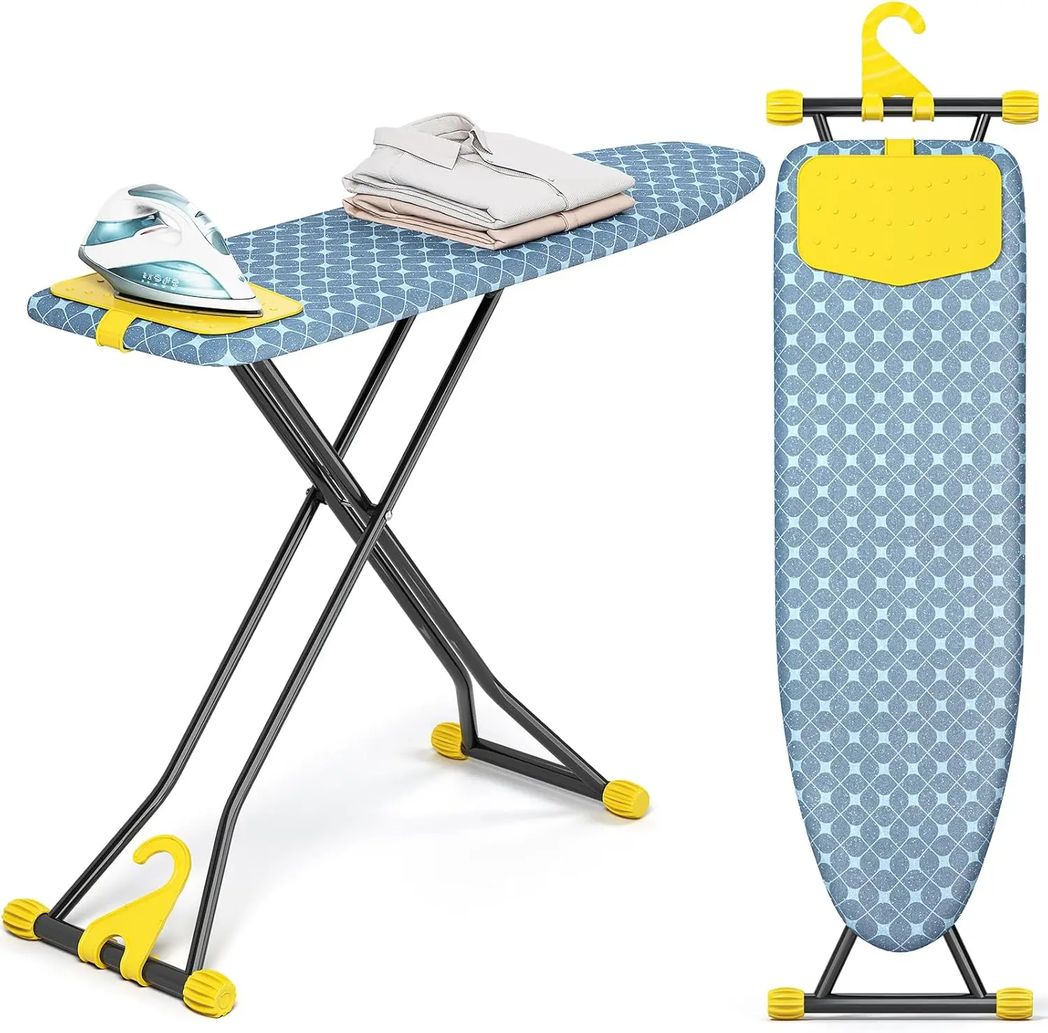 

Compact Ironing Board with Silicone Mat, Heat-Resistant Cover, 7 Heights, Foldable, Wall Mount, 13x43 Yellow