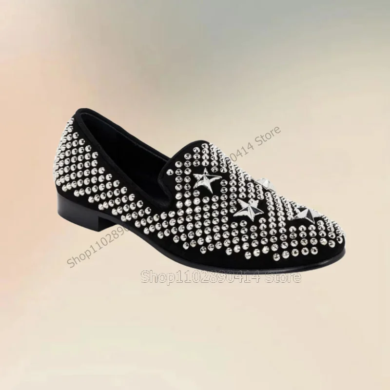 

Silver Star Round Rivets Decor Penny Loafers Fashion Slip On Men Shoes Luxurious Handmade Party Banquet Office Men Dress Shoes