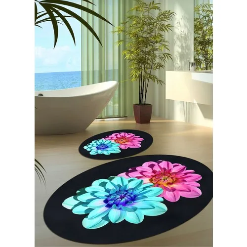 Ardizayn Black Flower Print Slip-Resistant, Not Peel Leather Outsole 2'li Bath Mat