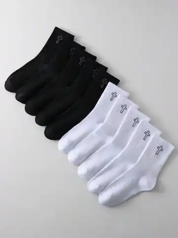 Mens Mid-Calf Socks With Cross Logo Elastic Soft Breathable Cotton Blend Daily Wear