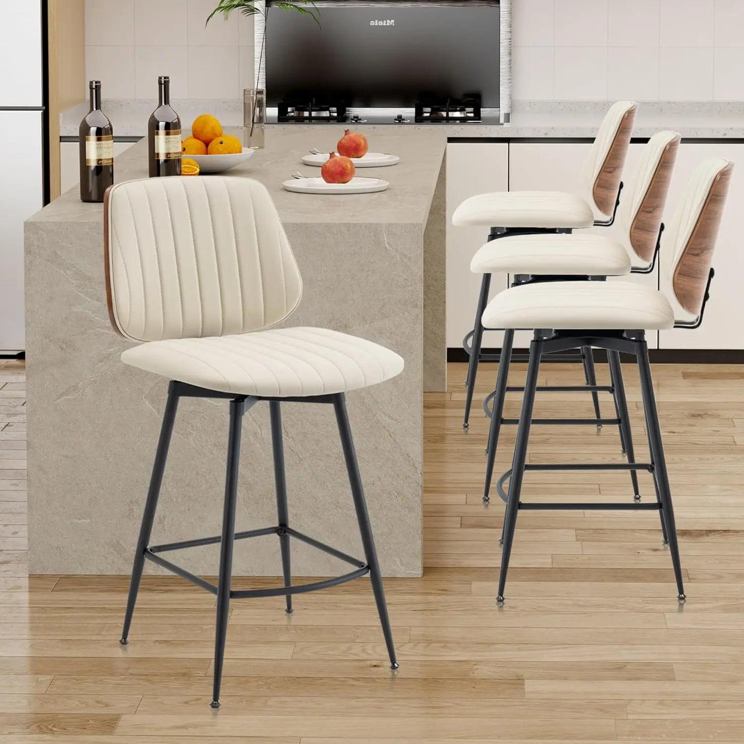 

26-дюймовые поворотные барные стулья (2 шт.) с высокой спинкой, подставкой для ног, металлическими ножками, из искусственной кожи, бежевые, для кухни, на заказ