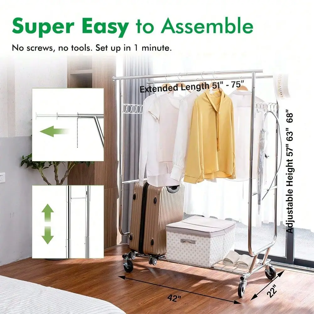 

Lbs Heavy Duty Clothing Garment Rack With Shelves Commercial Grade Clothing Racks On Wheels Rolling Double Clothes Rack Portabl