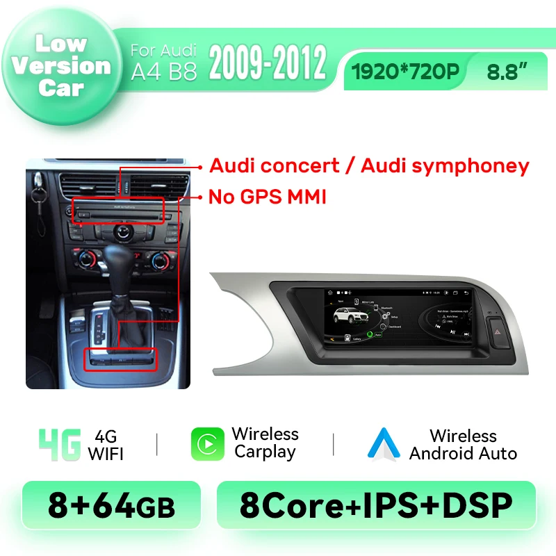 Ai Stem Draadloze Carplay Auto Autoradio Speler Voor Audi A4 2009-2016 Android 14 4G Wifi Bt Gps Navi Dsp Android Auto Stereo