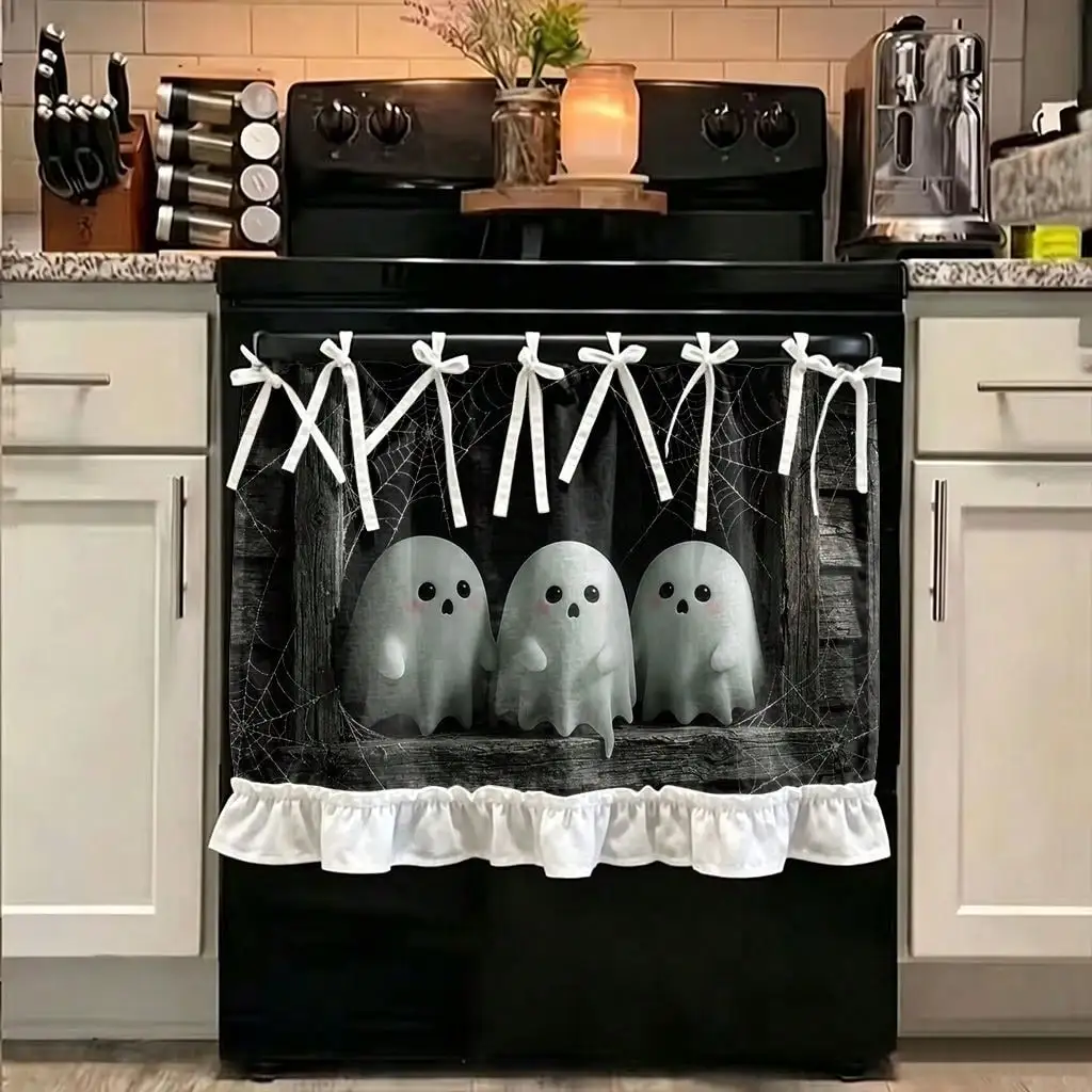 2D Flat, 1pc Halloween Kitchen Stove Oven Valance, 2D Print Three Cute Ghosts On Window Also Be Spooky Kitchen Decoration Curtain for Dishwasher Microwaves Cabinet Kitchen Sink, Makes a Great Addition to Your Halloween Theme Home, Festive Gift