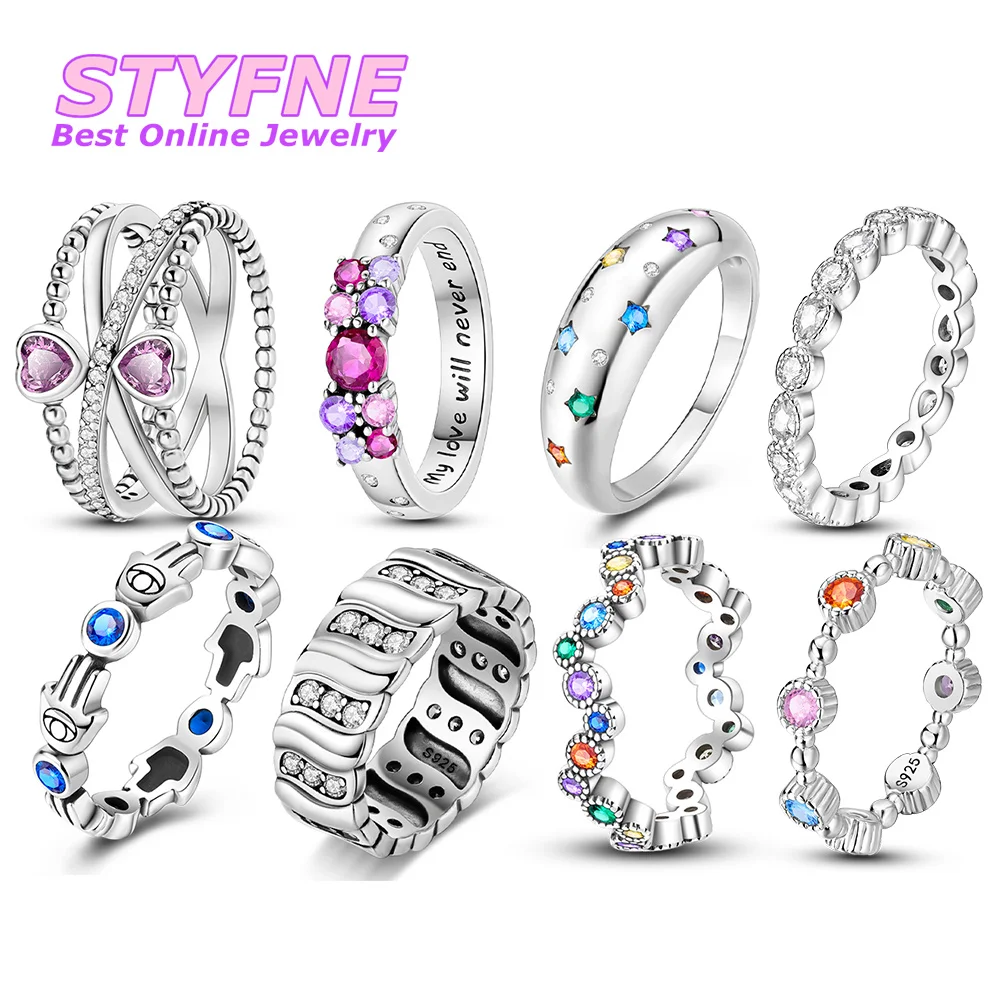 Women 925 Sterling Silver Geometric Heart Star Eyes Palm Colorful Stripes Rings Jewelry Anniversary Birthday Fashion Gifts