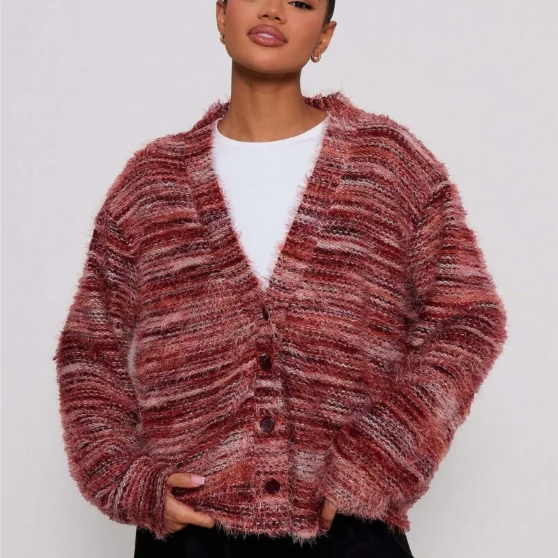 

2026 New Autumn Winter Women's Retro Fashion Deep V-neck Maillard Plush Long Sleeved Striped Cardigan Warm Button Loose Sweater