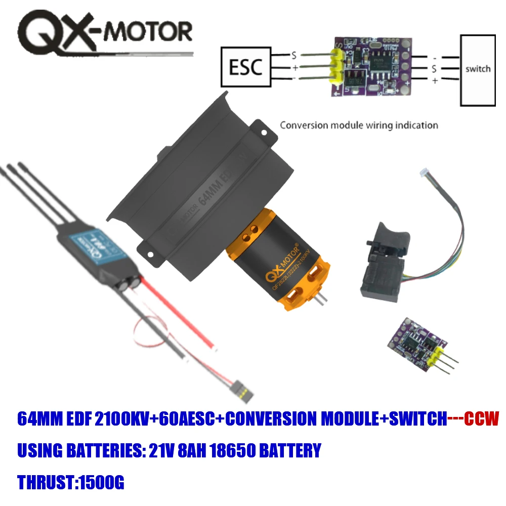 電気制御付きブラシレスモーター,変換モジュールとスイッチ,強力なファン,アセンブリコンポーネント,QX-MFLU, 64mm, QF2822-2100KV,60a