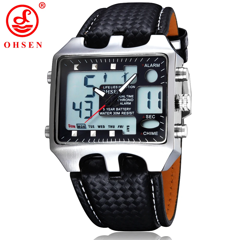 OHSEN orologi uomo orologi sportivi uomo doppio Display orologi da polso al quarzo orologi da uomo in pelle Relogio Masculino reloj hombre