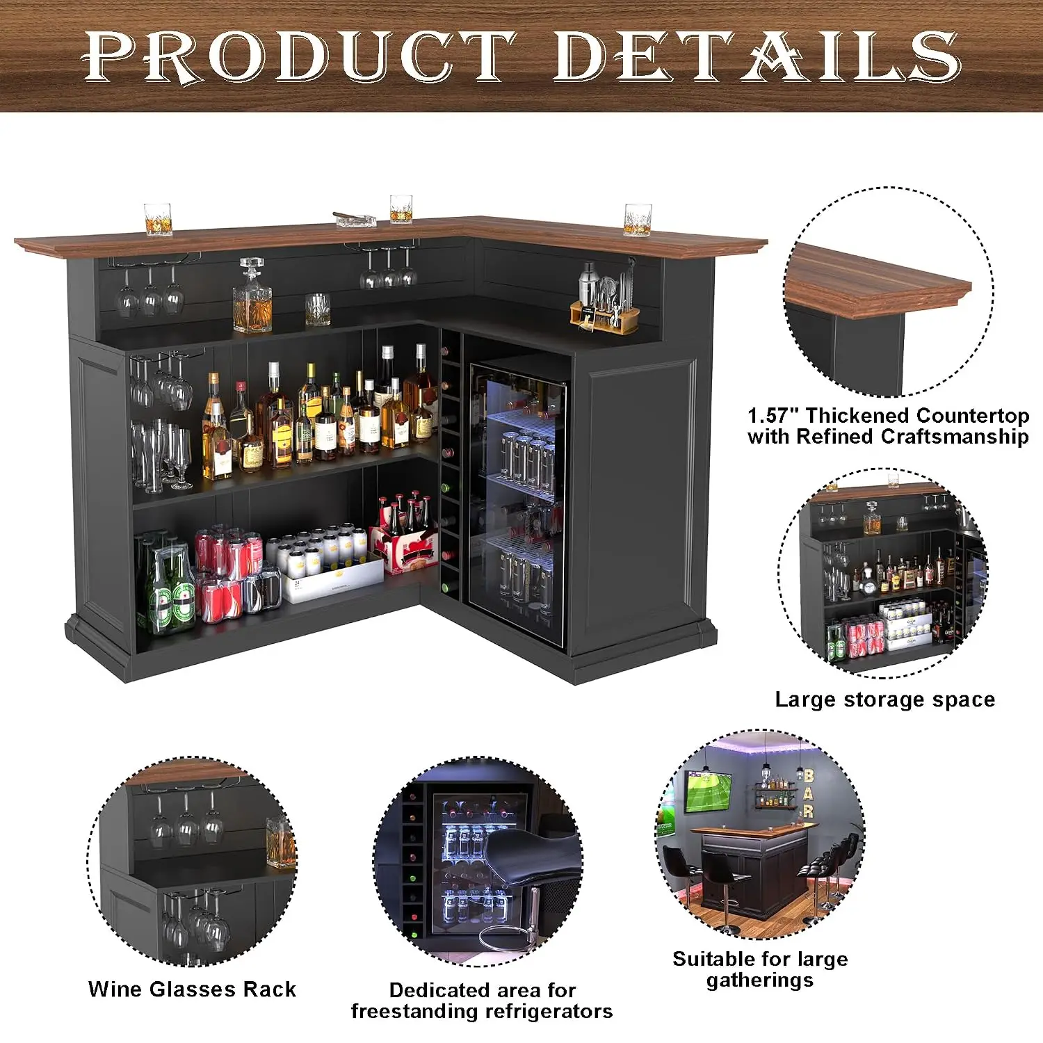 L-Shaped Home Bar Cabinet with Fridge Space, Oversized Basement Bar | Basement & Man Cave Bar, Seats 5+ Guests,, Customized - view 5
