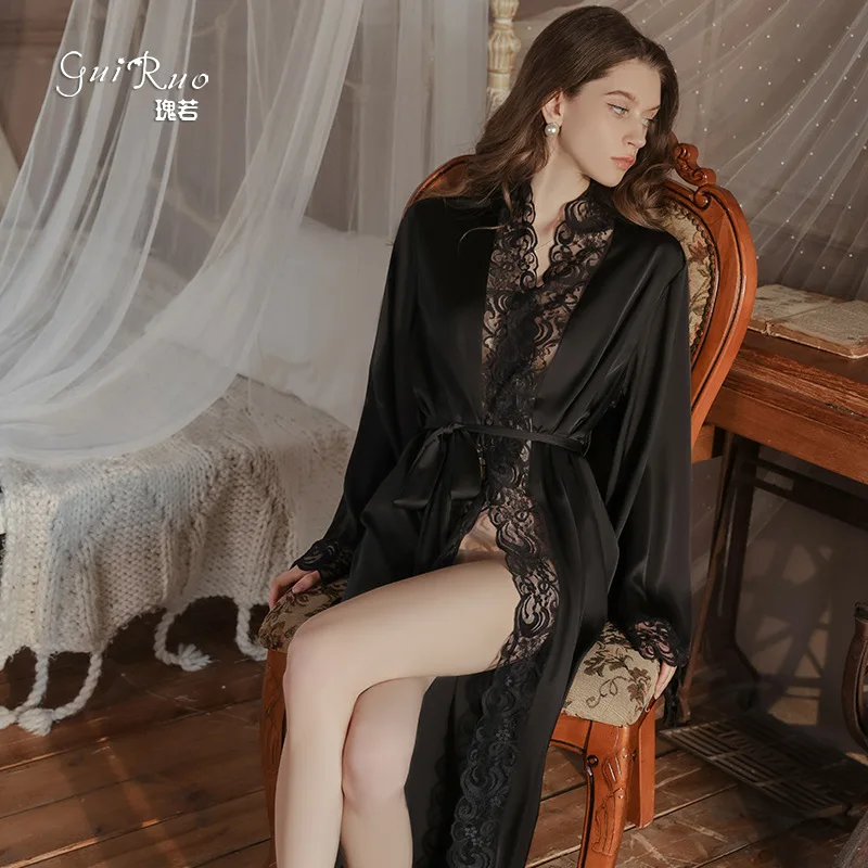 

Loose Wedding Morning Dress Gown Soft Satin Homewear Long Kimono Bathrobe Lady Sexy Lace Full Slip Nightgown Intimate Lingerie