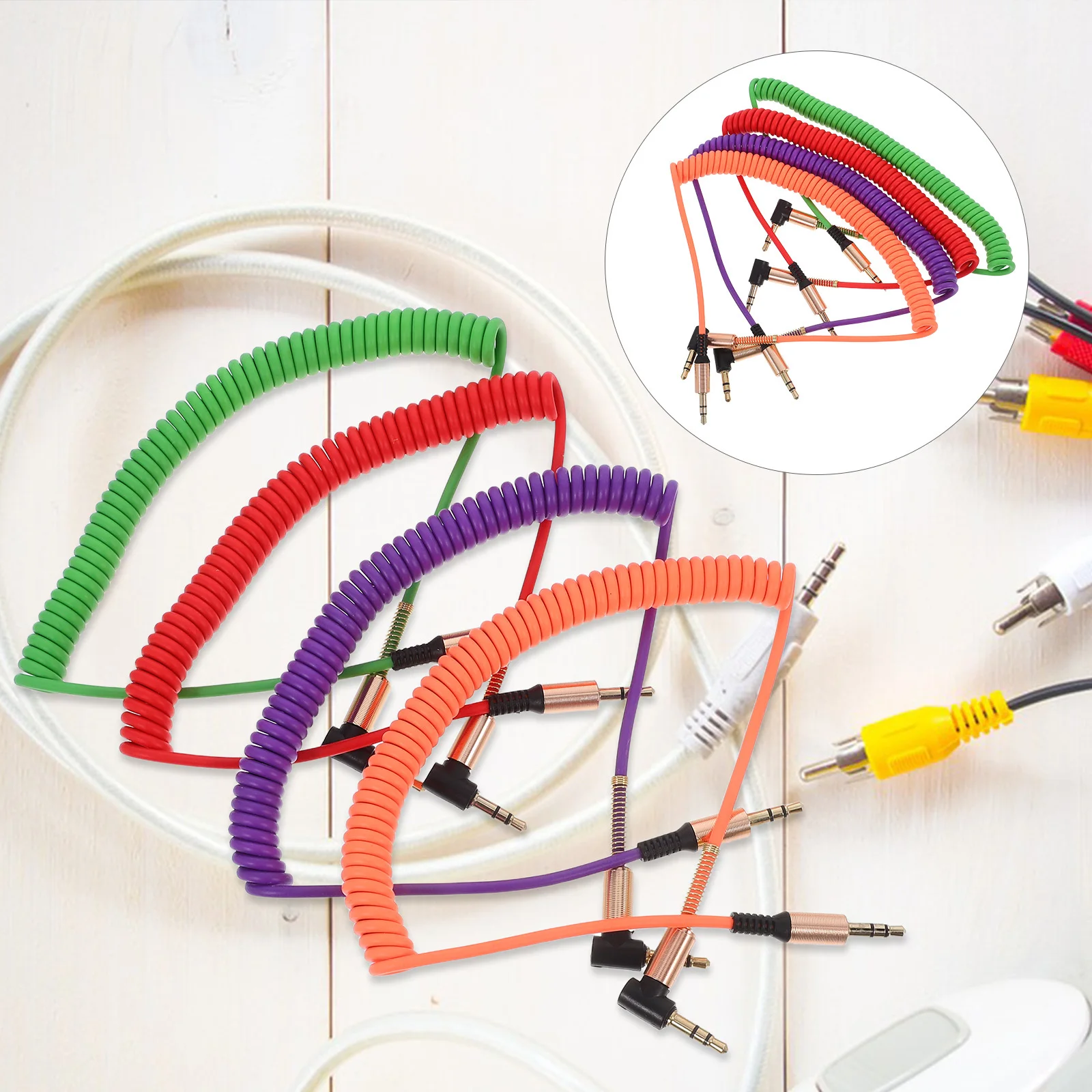 

4pcs 3.5Mm Male To Male Aux Angled Stereo Coiled Cord For Car Trs Auxiliary Cable Audio Speaker Trs Extension Cable