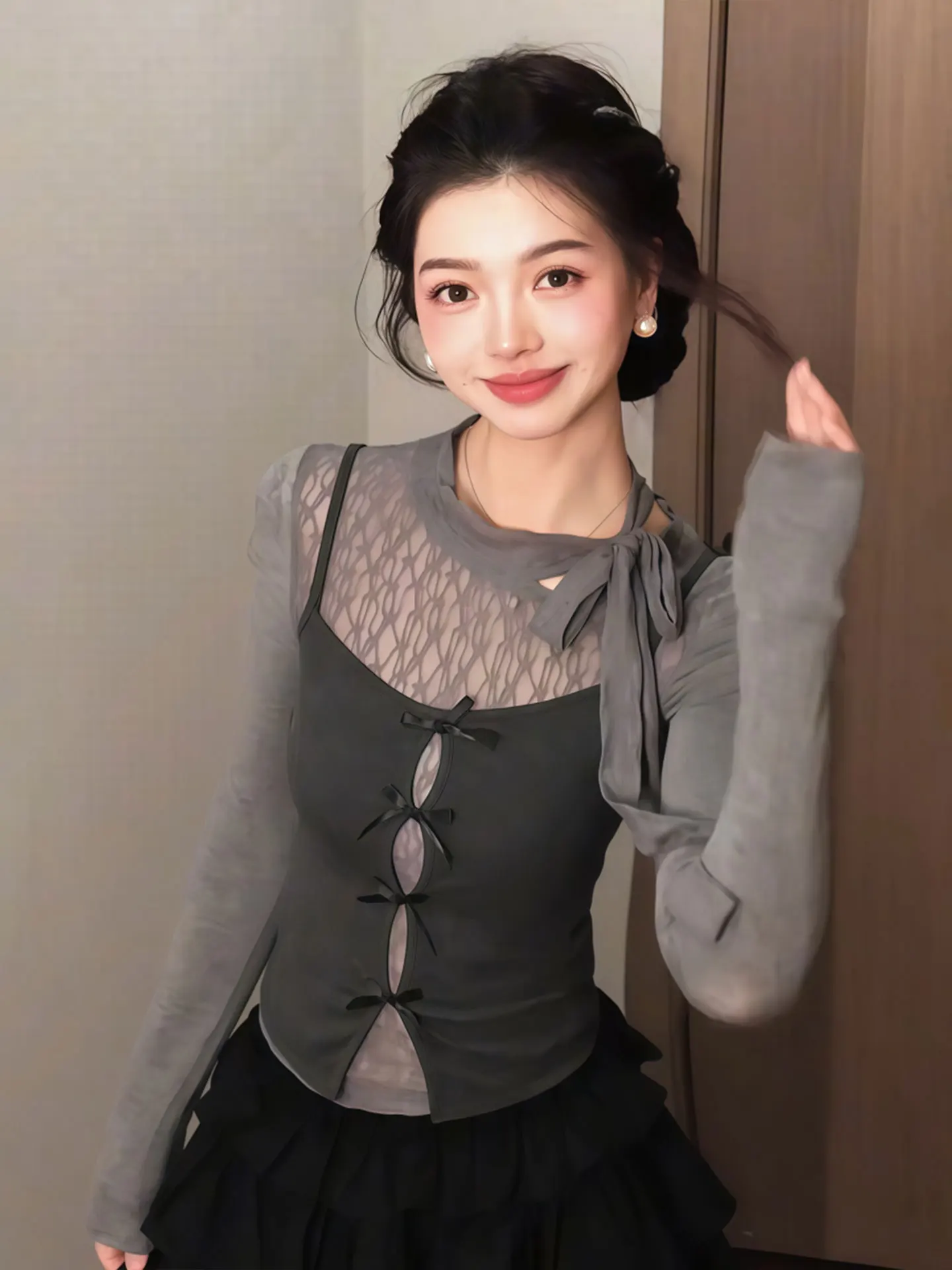 Atasan Rajut Wanita Ukuran Besar Model Amerika dengan Detail Tali di Bagian Depan, Set Dua Potong untuk Awal Musim Gugur, Model Kerut Tinggi, Bahan Rajut Bernapas dengan Lengan Panjang