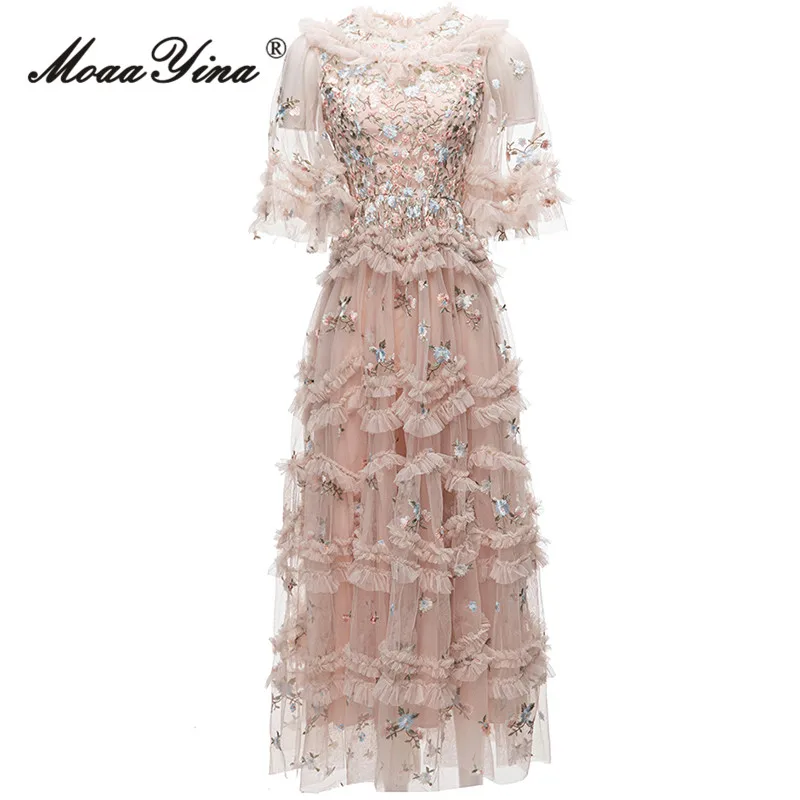 MoaaYina Summer Fashion Designer Elegant Mesh Party Dress Women O-neck Half Sleeve Ruffles Embroidery High Waist Slim Long Dress