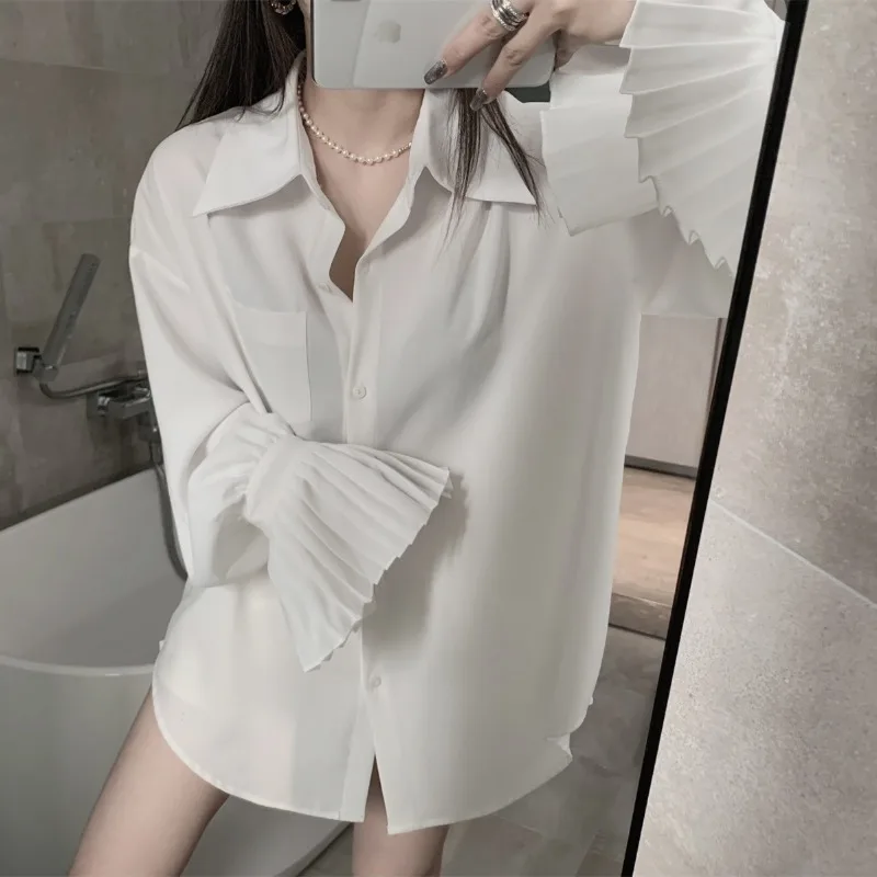 Women Shirt Personality Pleats Organ Sleeve Frenulum White Spring Autumn New Academic Style Loose Fitting Middle Length