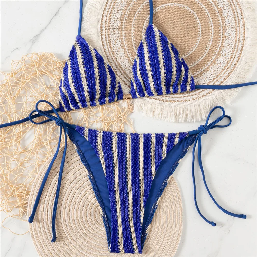 الأزرق مخطط ملابس سباحة محبوكة سلسلة الرسن ملابس سباحة نسائية صغيرة ثونغ مجموعة مثير ملابس السباحة النساء 2026 ثوب السباحة مثلث البيكينيات Mujer #1