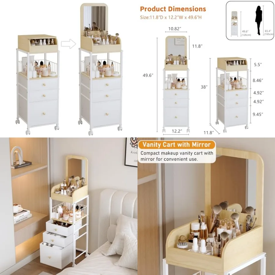 

Makeup Organizer Cart with Vanity Mirror, Floor Skincare Organizers Make Up Organizers-Vanity Organizer Cosmetic Display Cases