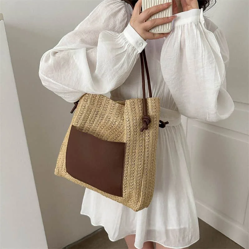 

Tote Bags for Women Korean Style Versatile Fashionable Trend Solid Student Shopping Handbags Weave Vacation Design Beach Bags