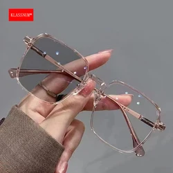 KLASSNUM Women Transparent Anti Blue Light Glasses Photochromic Glasses Large Frame Computer Eyeglasses Chameleon Sunglasses