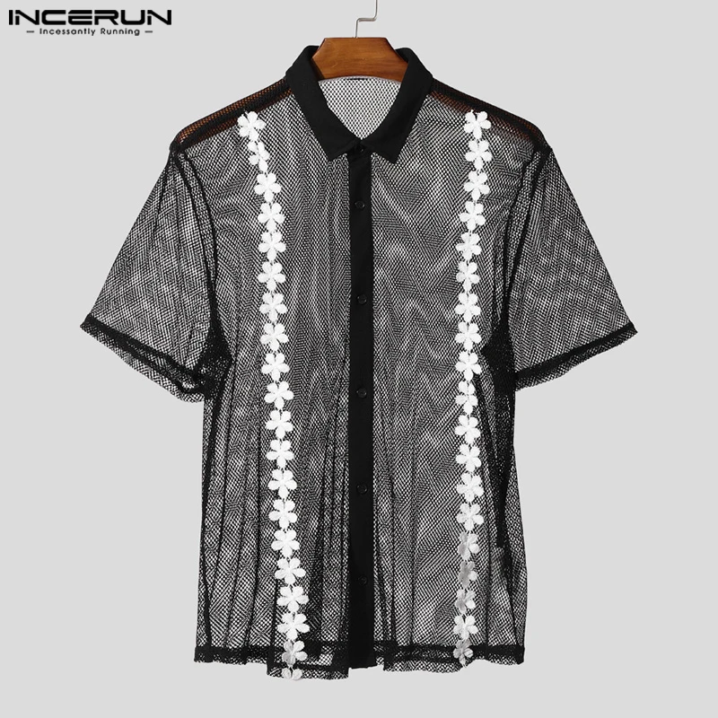 

Летние топы, модная INCERUN, повседневная мужская рубашка с коротким рукавом, сетчатые прозрачные рубашки, мужская одежда, уличная футболка, прозрачная