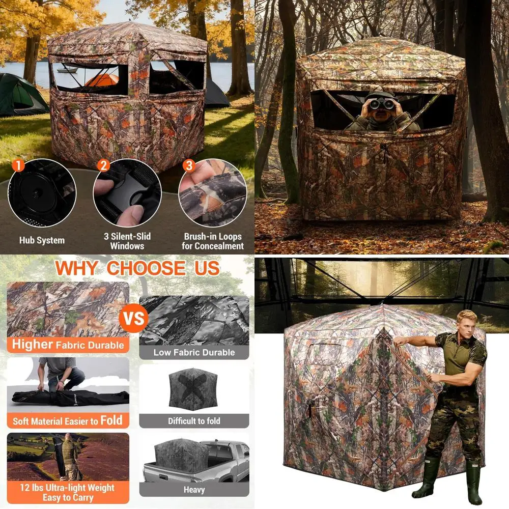

270/360° Panoramic View 2-3 Person Stealth Hunting Blind with Camouflage and Carry Bag