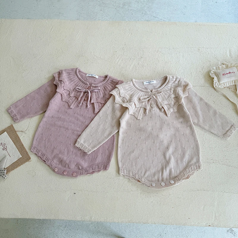 ملابس خريف جديدة لعام 2025 0-24 متر ملابس محبوكة لحديثي الولادة للفتيات بأكمام طويلة بلون سادة بدلة قفز محبوكة للفتيات الرضع