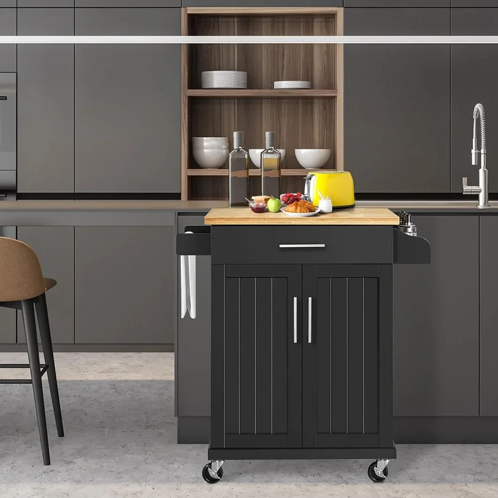 Kitchen Island On Wheels with Storage Cabinet and Drawer, Kitchen Trolley Cart with Spice Rack and Towel Bar for Dining Room image 2