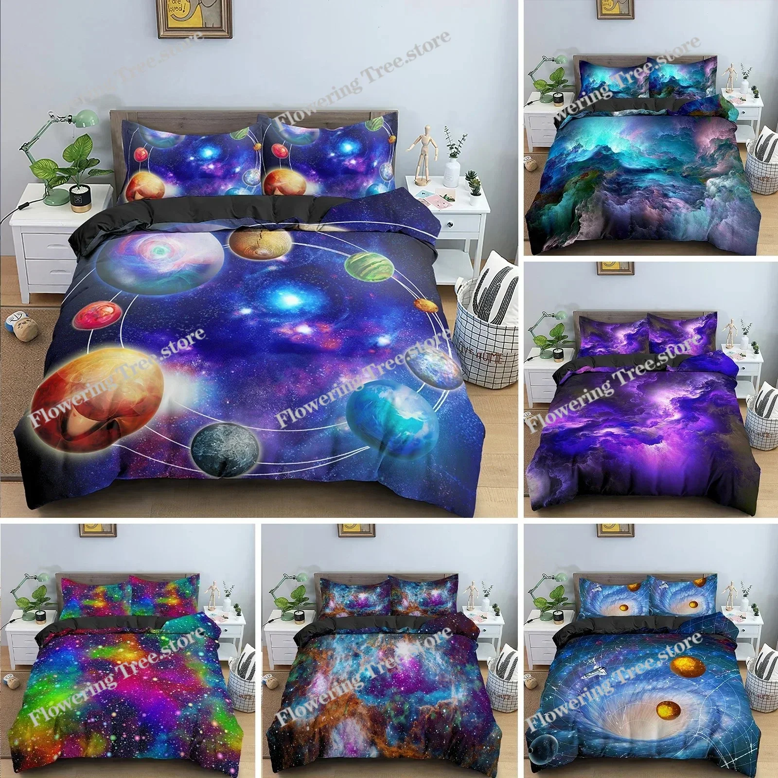 

Galaxy Space Bedding Set 3D Universe Duvet Cover Psychedelic Quilt Cover with Zipper Queen Double Full Polyester Comforter Cover