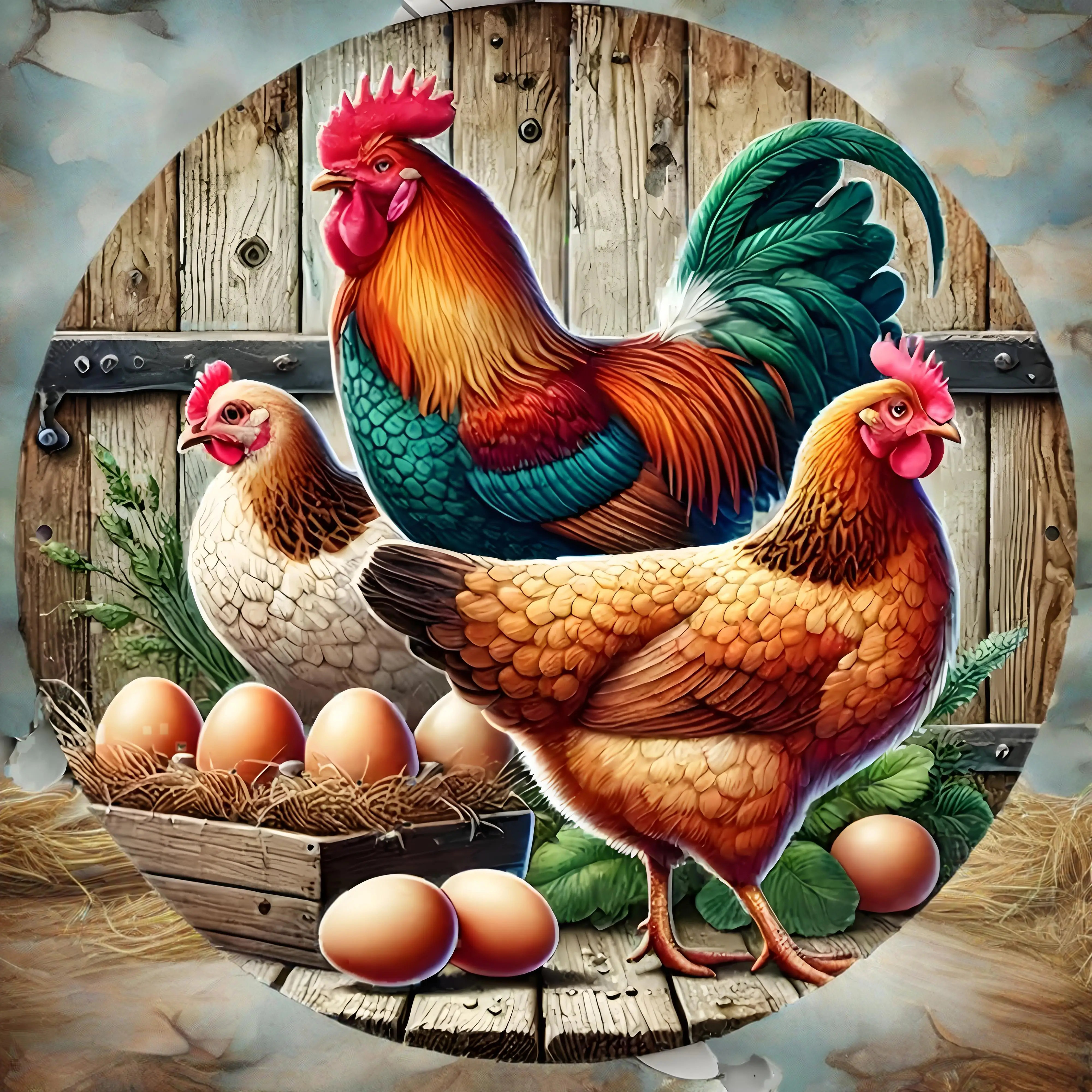 

Rustic Rooster & Eggs Metal Sign Round Wall Art Vintage Farmhouse Decor for Cafe Kitchen Club Bar Home Aluminum Artwork Gift