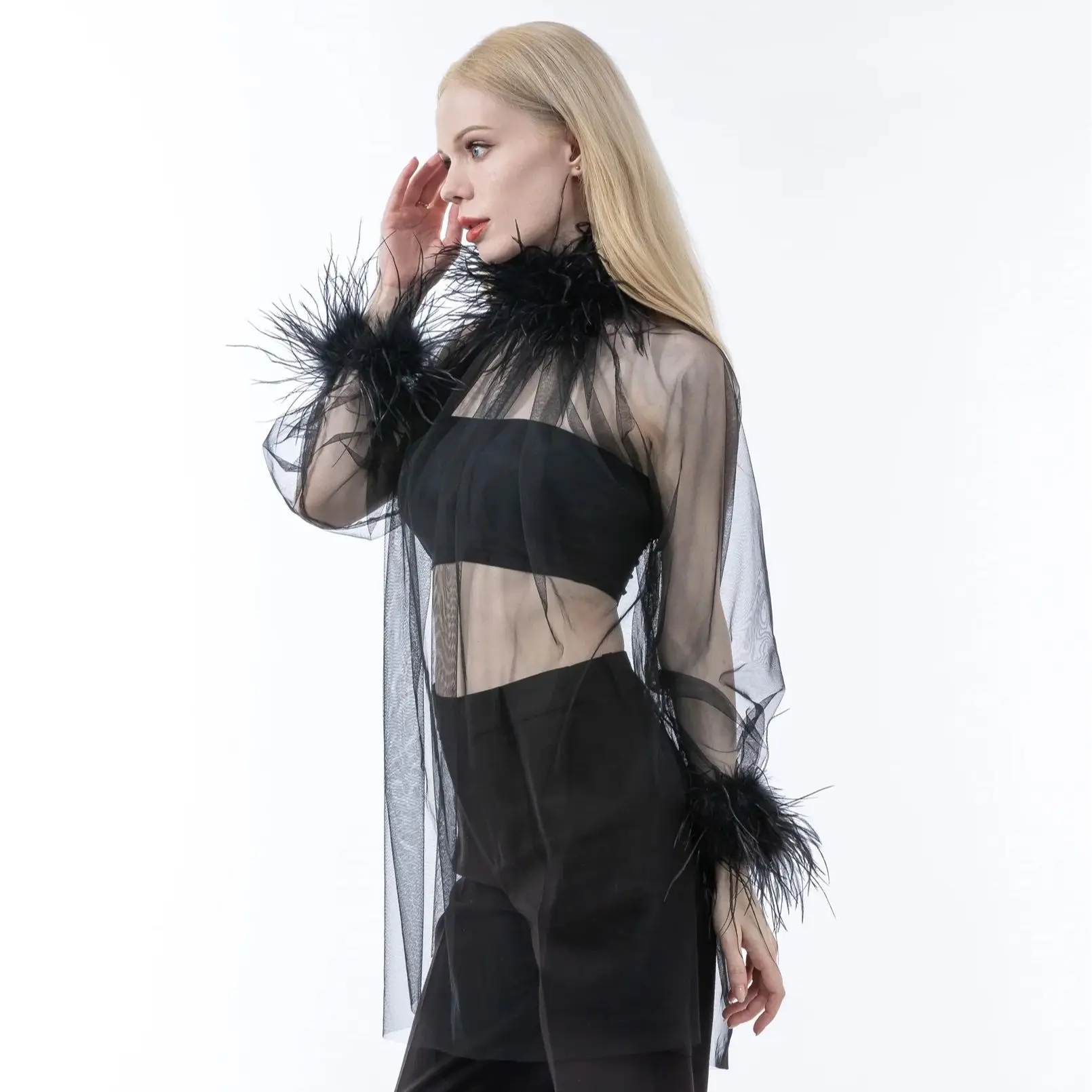 Ostrich Feather Sheer Mesh Pullover Top for Women Oversize Long Sleeve T Shirt  Holographic Blouse  Sex Top peach fuzz