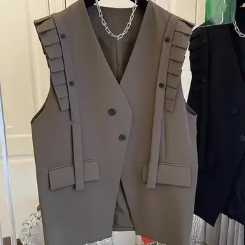 여성용 V넥 민소매 오버사이즈 상의, 패치워크 프릴, 캐주얼 조끼, 패션 한국 탱크, 2024 용수철 가을 신상 조끼