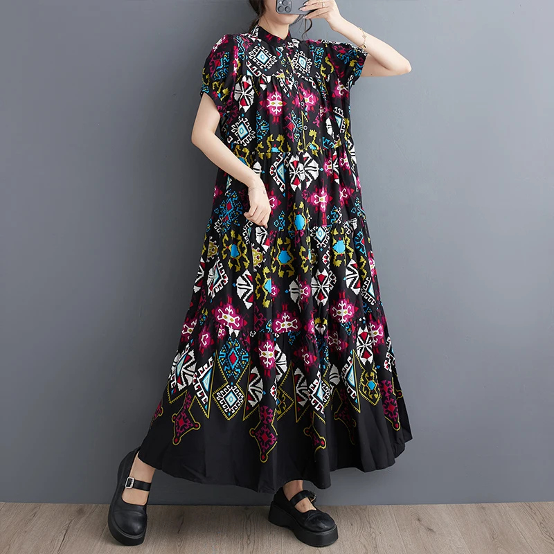 Faionable Loose Midi Dr Summer New Sle Versione coreana ort Sve Stampa Gonna a trapezio in misto cotone poliestere Dr