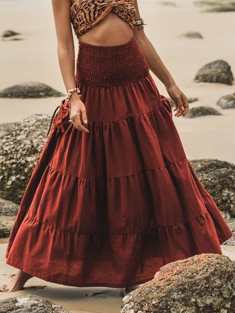 Boho Maxirock Damen Hohe Taille Urlaub Strand Drapierte Lange Röcke Patchwork Einfarbig Kordelzug Taschen Böhmischer Freizeitrock