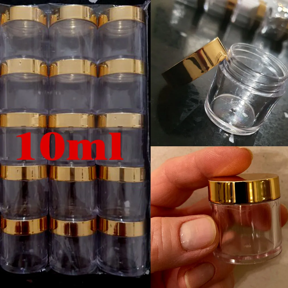 10ml Gold Deckel Acryl Pulver Leere Flasche Transparent 20/50/100 stücke Make-Up Flasche Kunststoff Reise Container glitter Flasche ER-125