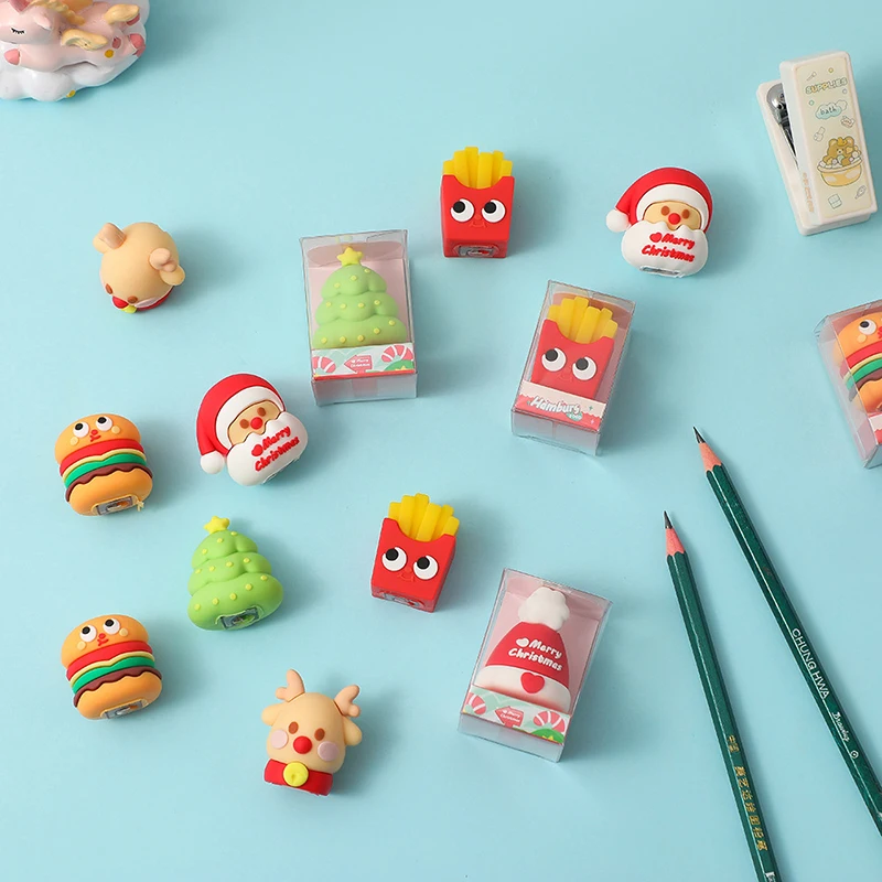1X Cartoon Christmas Series Pencil Sharpener Creative Hamburger Pencil Sharpener Cute Students Stationery Office School Supplies