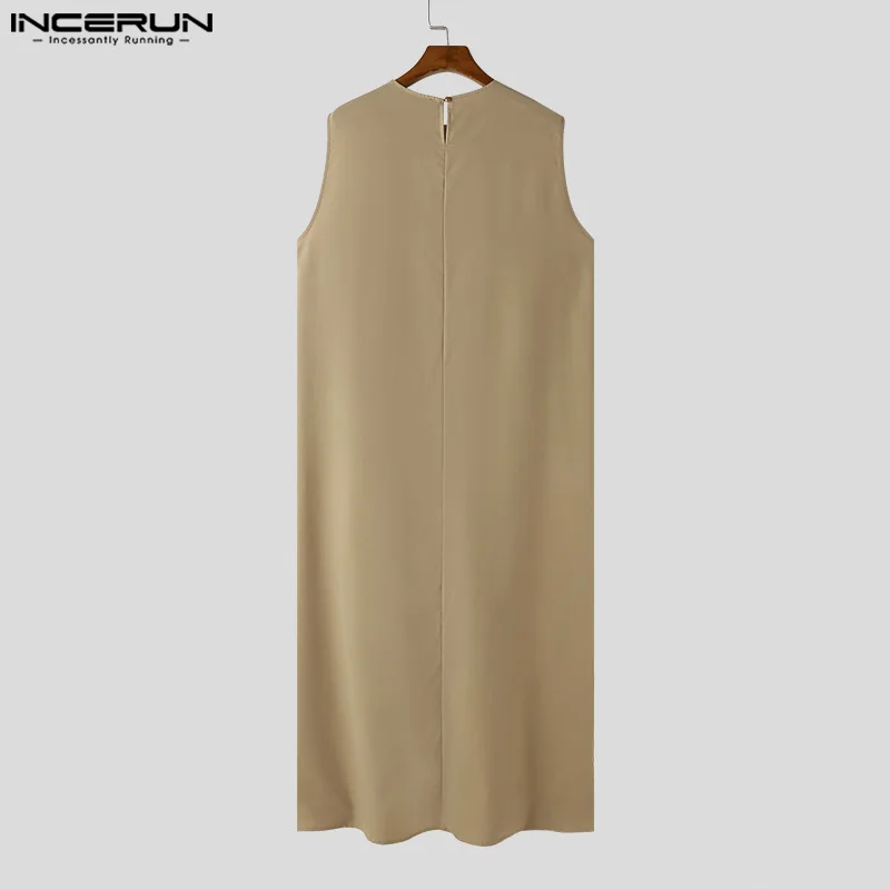 INCERUN 2024 Summer Muslim Kaftan Robe Men Jubba Thobe Simple Irregular Hem Male Long Sleeveless Solid Isiamic Arabic Robe S-5XL