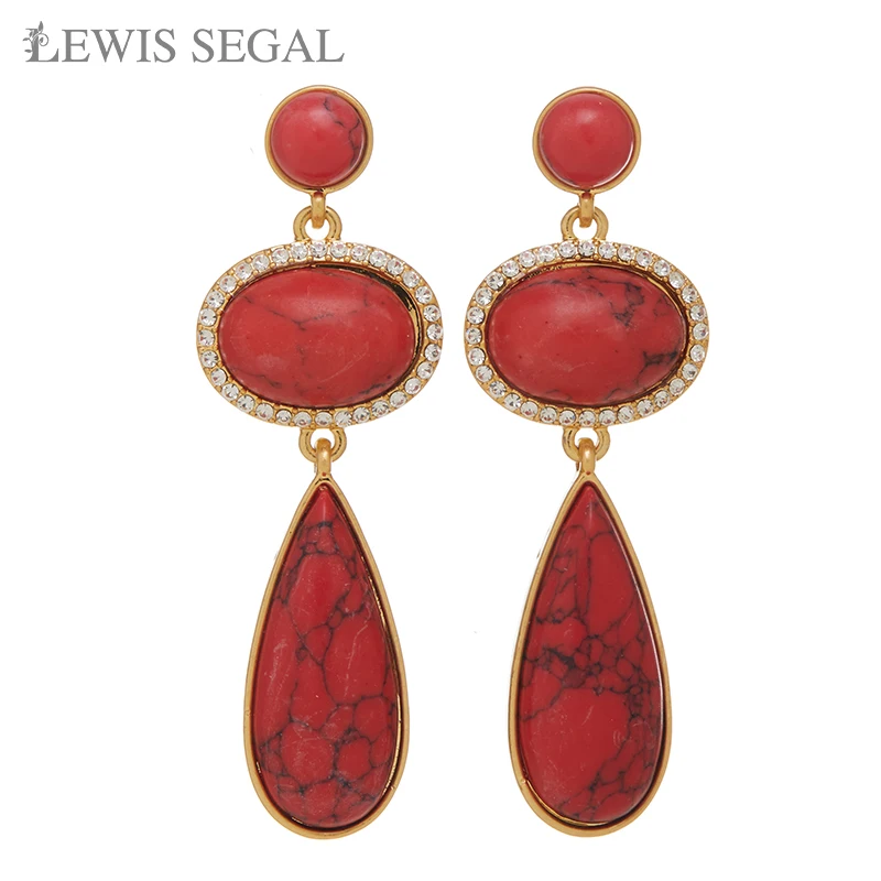 

LEWIS SEGAL Red Turquoises Dangle Stud Earrings CZ Pave Vintage Style for Women Party Gift 18K Gold